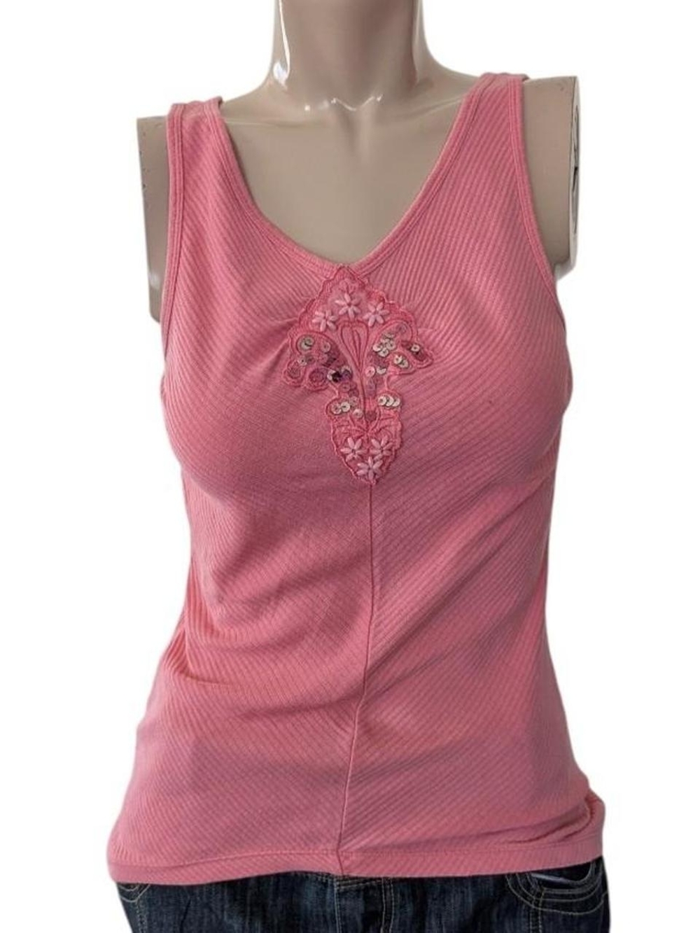 Historia y2k Pink Embroidered Ribbed Camisole with sequin fit small medium